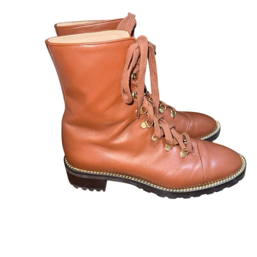 STUART WEITZMAN BROWN KOLBIE GOLD CHAIN COMBAT BOOT SZ 9.5